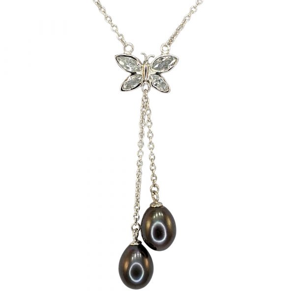 Butterfly Freshwater Pearl and Silver Necklace – Black