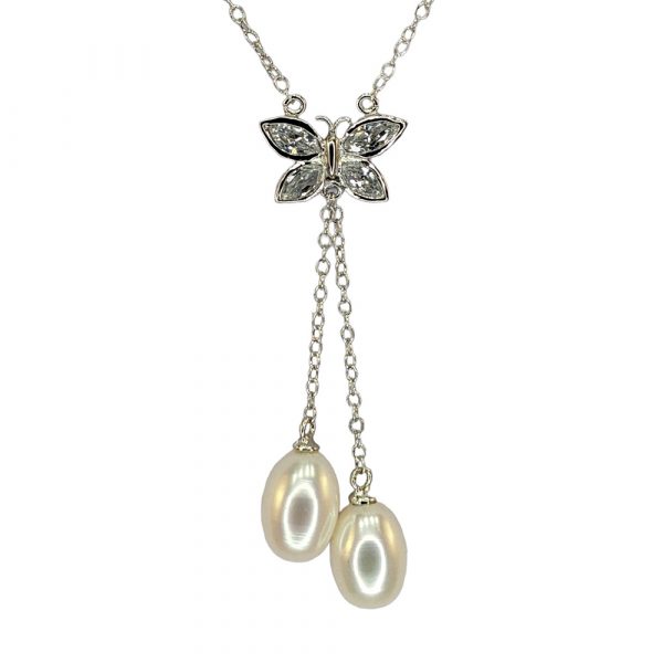 Butterfly Freshwater Pearl and Silver Necklace – White